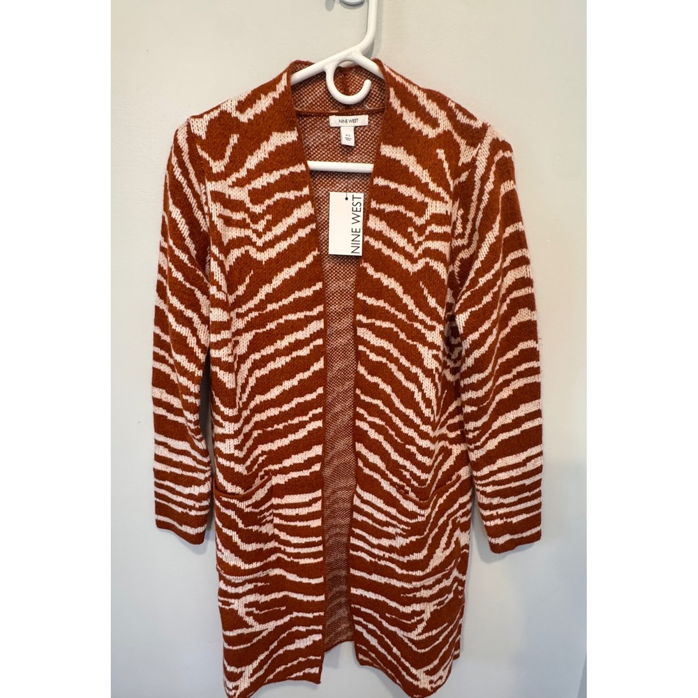 Nine West XS Zebra Animal Print Open Front Long Cardigan NWT Rust Cream